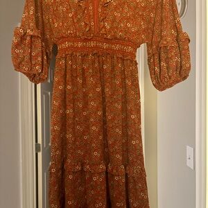 Max Studio 3/4 Sleeve Floral Dress - Burnt Orange and White